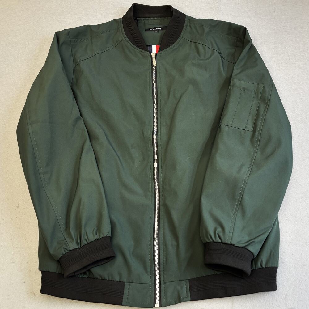 Vtg Wulful Jacket Mens Large Green Casual Varsity Zipper Sleeve Pocket Softshell